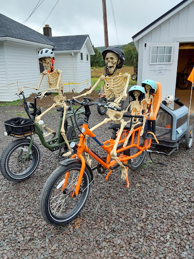 RadWagon electric cargo bike with passenger setup outside Tioga Wilds rental shop