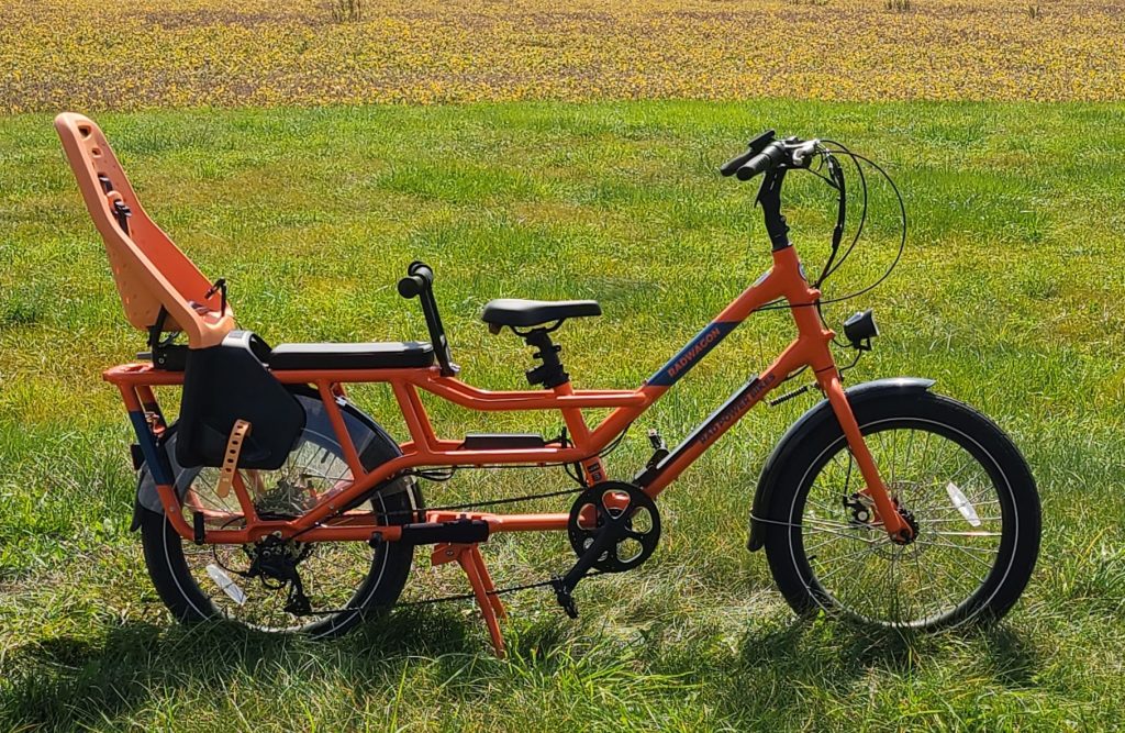 RadWagon e-bike with full deskhand and thule yepp maxi child seat passenger package installed
