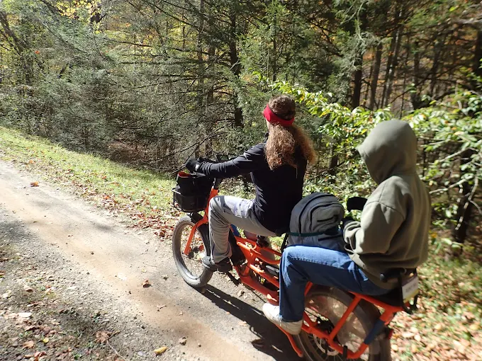 RadWagon e-bike with adult and youth passenger on a trail