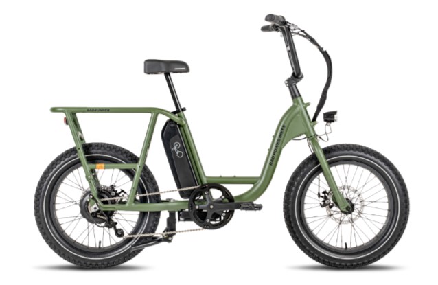 RadRunner e-bike with low step-through frame, upright riding position, and fat tires