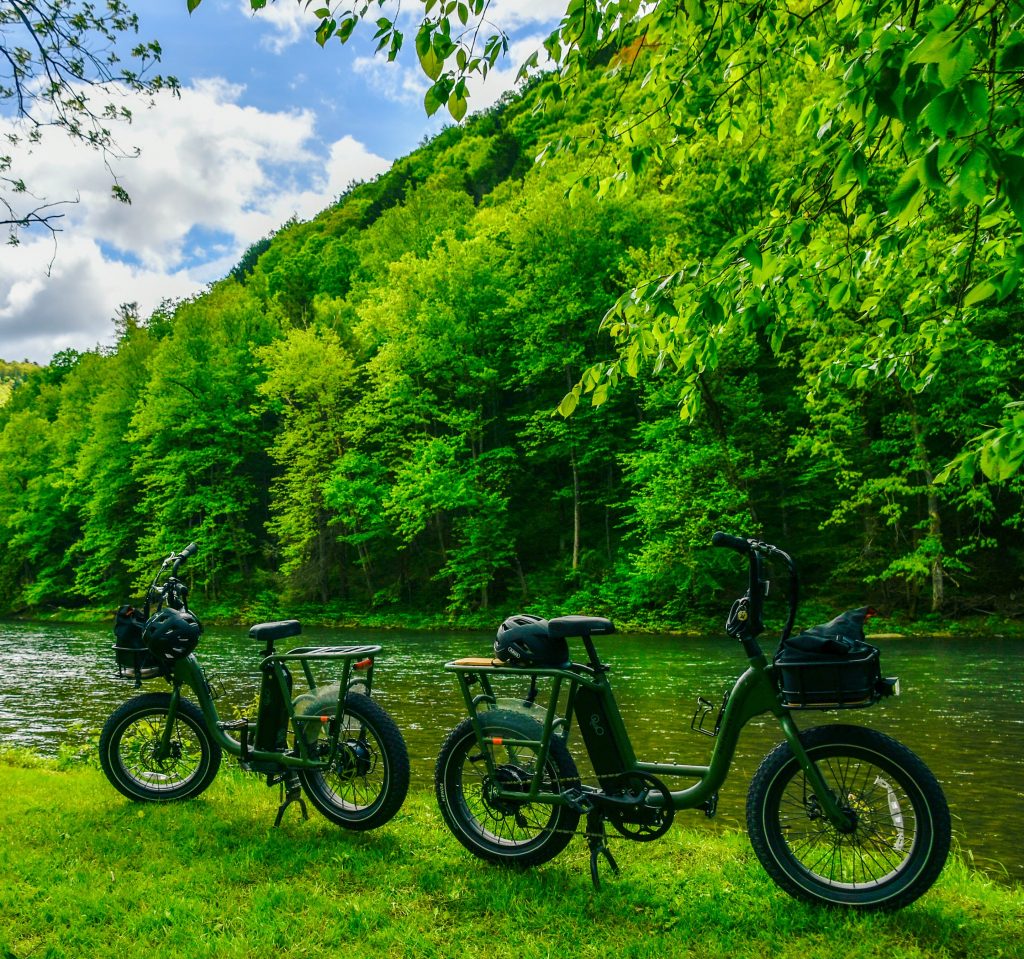 Tioga Wilds e-bikes parked along the Pine Creek Rail Trail in Wellsboro PA
