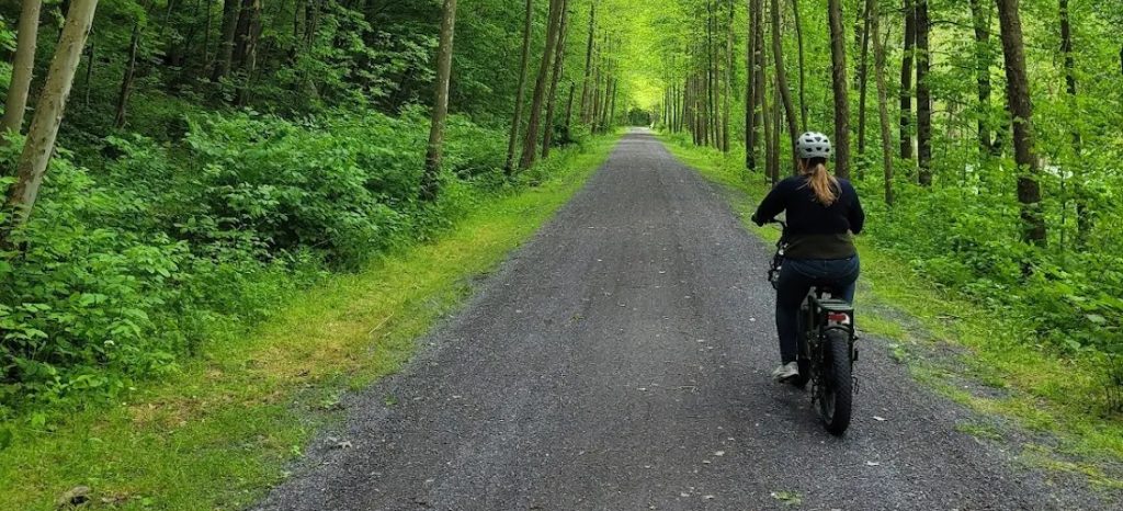 E-bike rider on the Pine Creek Rail Trail in the Pennsylvania Grand Canyon
